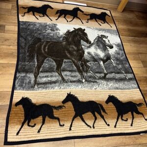 Vintage Biederlack America Reversible Throw Blanket Horses Double Sided Western